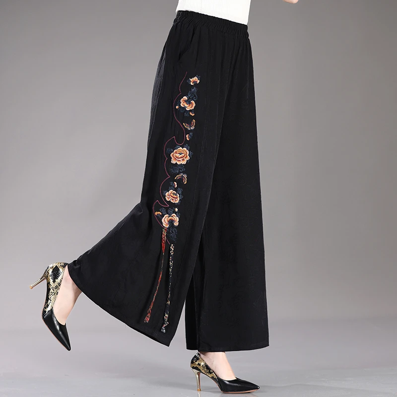 Embroidered Women's Wide Legged Pants 2024 Summer Fashion Horse Face Skirt Pants Flower Embroidered Plus Size Pants