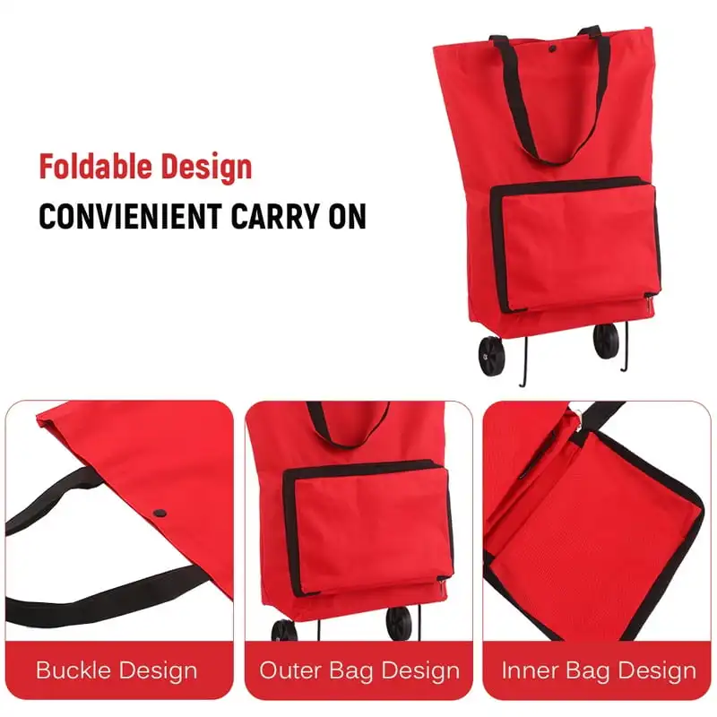 Collapsible Shopping Trolley Bag with Wheels | Reusable Foldable Grocery Bag | Travel Bag - Red