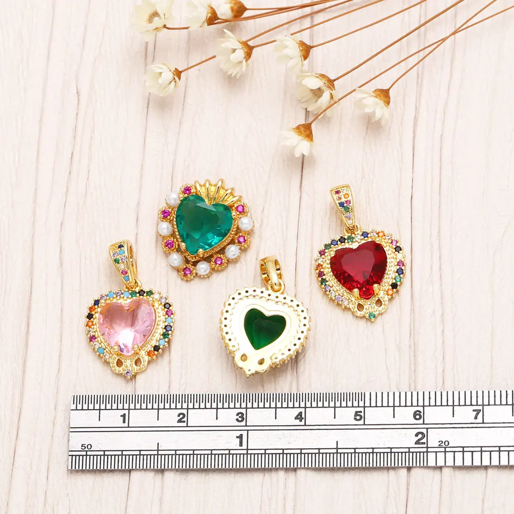OCESRIO Trendy Multicolor Crystal Heart Pendant for Necklace Bracelet Copper Gold Plated Rainbow Jewelry Making Supplies pdtb081