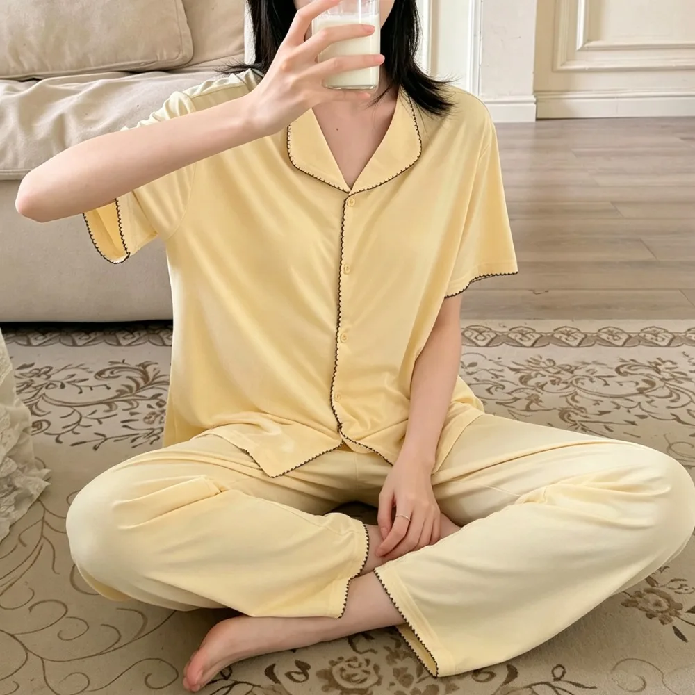 Chest Pad Pajamas 2Pcs Female Summer New Short Sleeve Button Down Tops Home Clothing Set Soft Sleepwear Suit Lounge Wear Pijama
