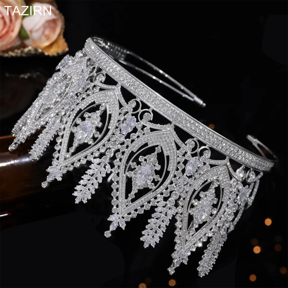 Imagem -04 - Tazirn-tiaras Grandes de Zircônia Cúbica de Luxo Coroas de Cristal Alto para Mulheres de Dubai Acessórios Artesanais