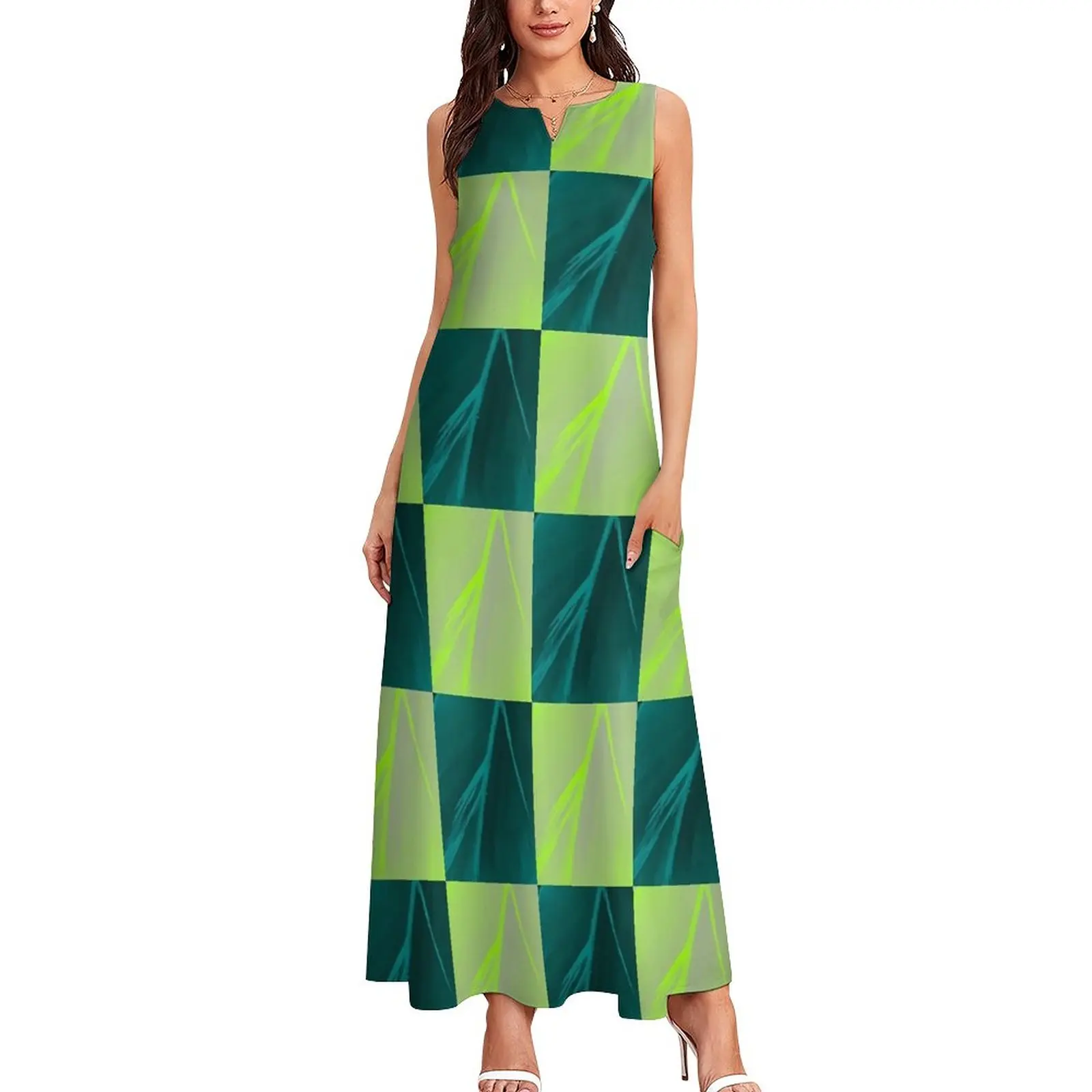 Colorblock Print Dress Modern Check Kawaii Maxi Dress V Neck Custom Boho Beach Long Dresses Street Wear Oversize Vestido