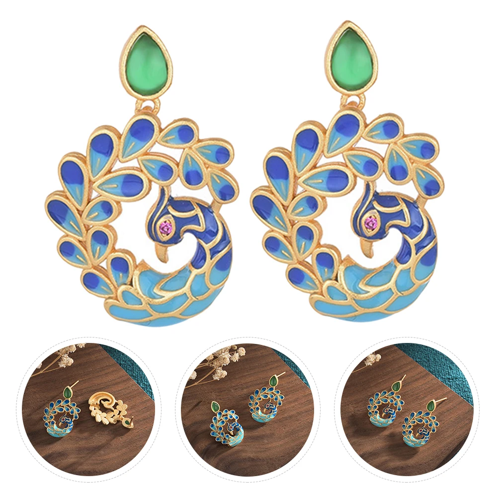 

Enamel Peacock Agate Stud Earrings Retro Chinese Style Beautiful Appearance Delicate Fashion Ear Jewelry Accessories