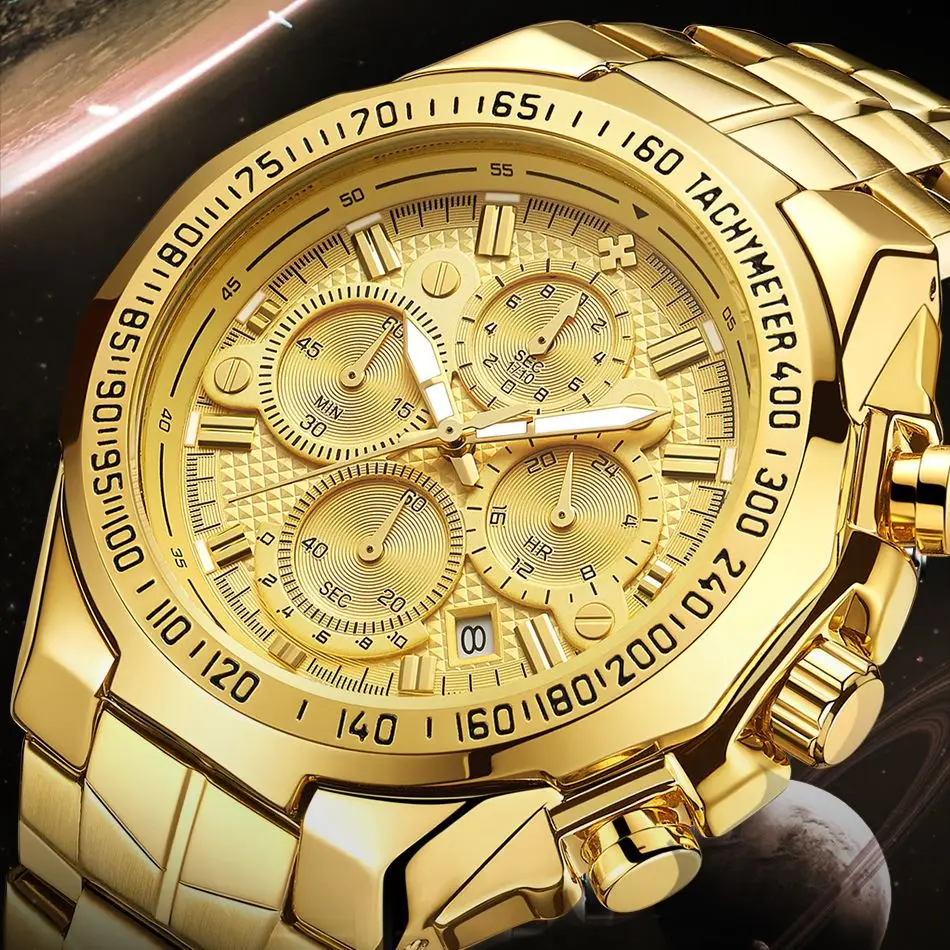 

Fashion Wwoor Sports Chronograph Men's Watch Luxury Full Gold Steel Quartz Watch Men Military Waterproof Wrist Relogio Masculino