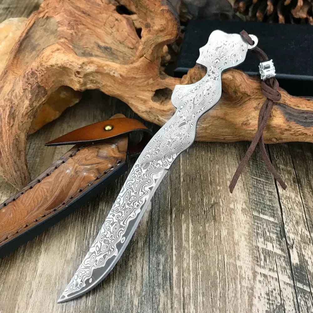 

Mini Fixed Blade Knife Damascus Steel Knife Sharp Portable Wilderness Survival Outdoor Knife EDC Defense Tool with Holster