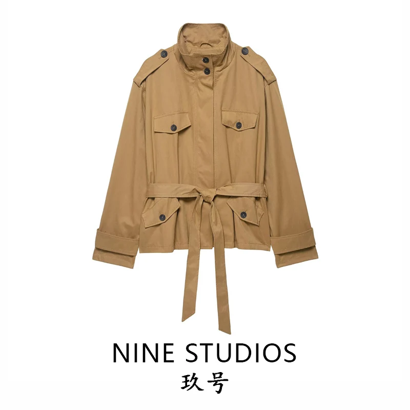 

NINE ZA Women's ort Loose Coat Jaet with Belt Stand Collar Commuter Sle Long Sve Polyester Fiber Zipper Closure