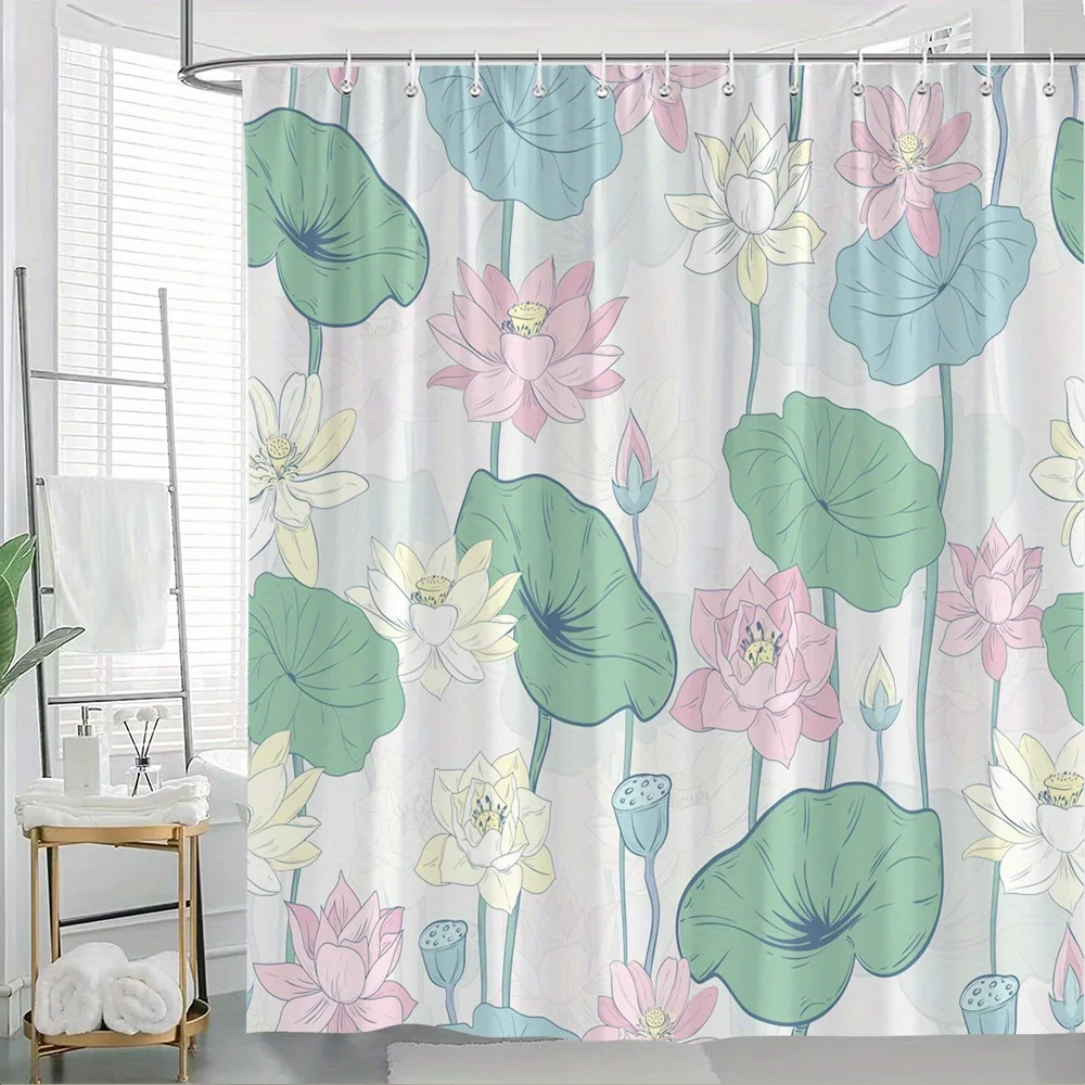 Rideau de douche Tranquil Lotus Flowers - Rose pastel et blanc avec feuilles vertes, design naturel minimaliste