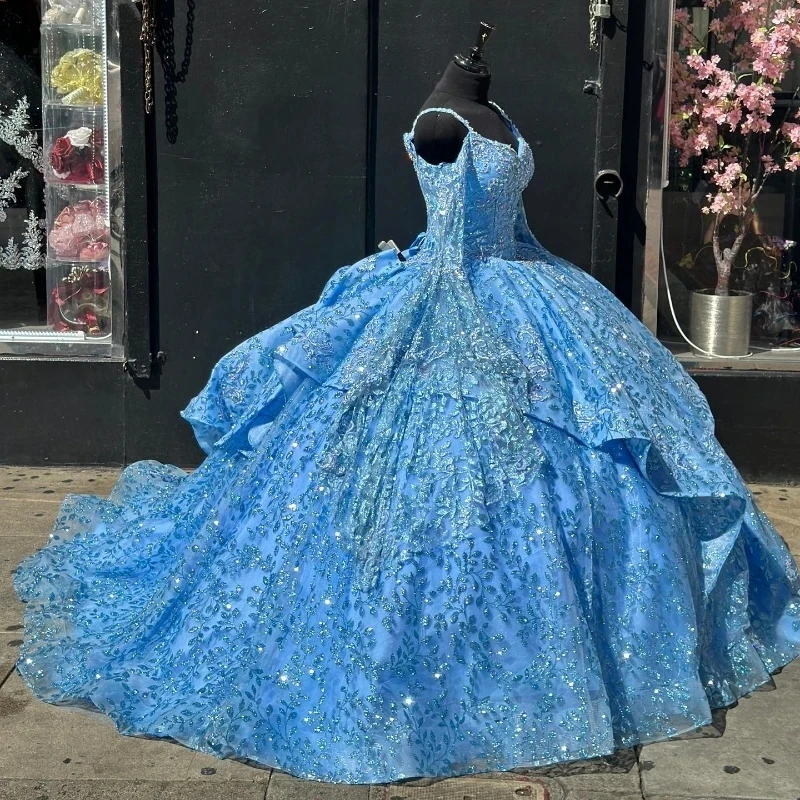 Sky Blue Shiny Quinceanera Dress Off Shoulder Beads Princess Prom Ball Gown Sweet 16 XV Years Old Miss Birthday Vestidos De 15