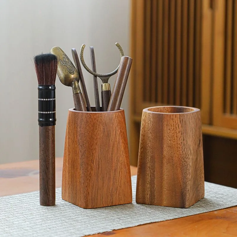 Creative Wooden Pen Holder Square Pen Holder Multifunctional Desktop Pen Holder for Office School Home Rhombus