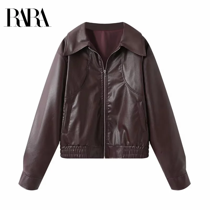 

RARA2025 Womens Autumn New Style American Retro Casual Minimalist Lapel Long Sleeve Zipper Burgundy Leather Jacket Short Coat