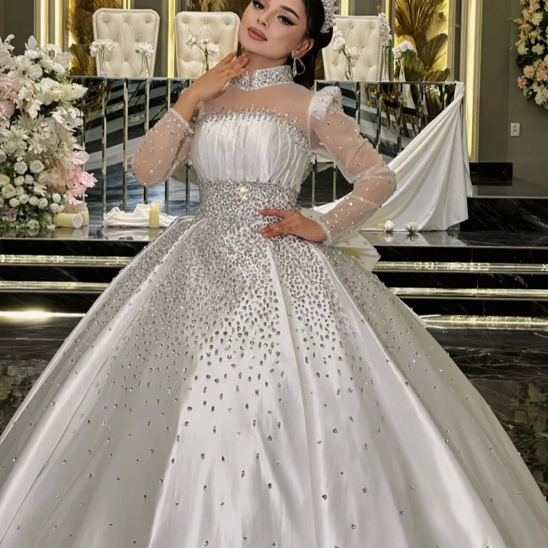 Luxury Satin White Appliques Wedding Dresses Beadwork Crystal Decal Skirt long tail A-line Slit Made wedding dress Bridal Gown