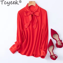 Tcyeek 100% Mulberry Silk Blouse Women Fashion Top Female Clothing 2024 Elegant Female Blouses Solid Color Tops Bow Blusa Mujer