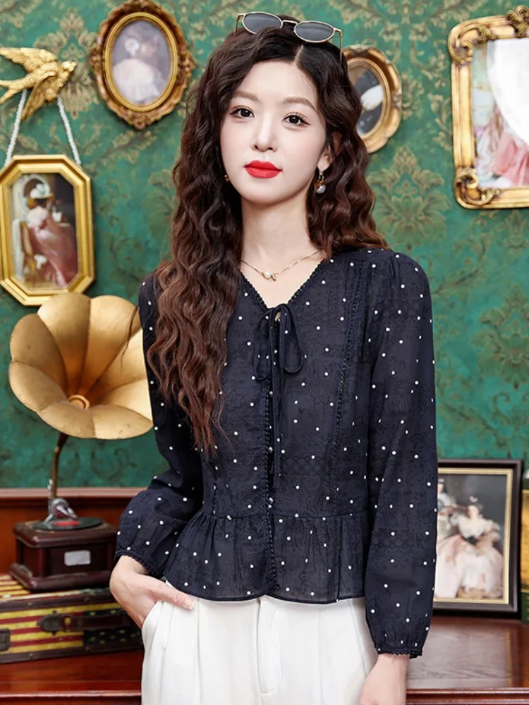Faionable V-Ne Belted Chiffon irt Women's Autumn 2025 New Sle Slimming Top French Sle Bubble Sve Printed Blouse