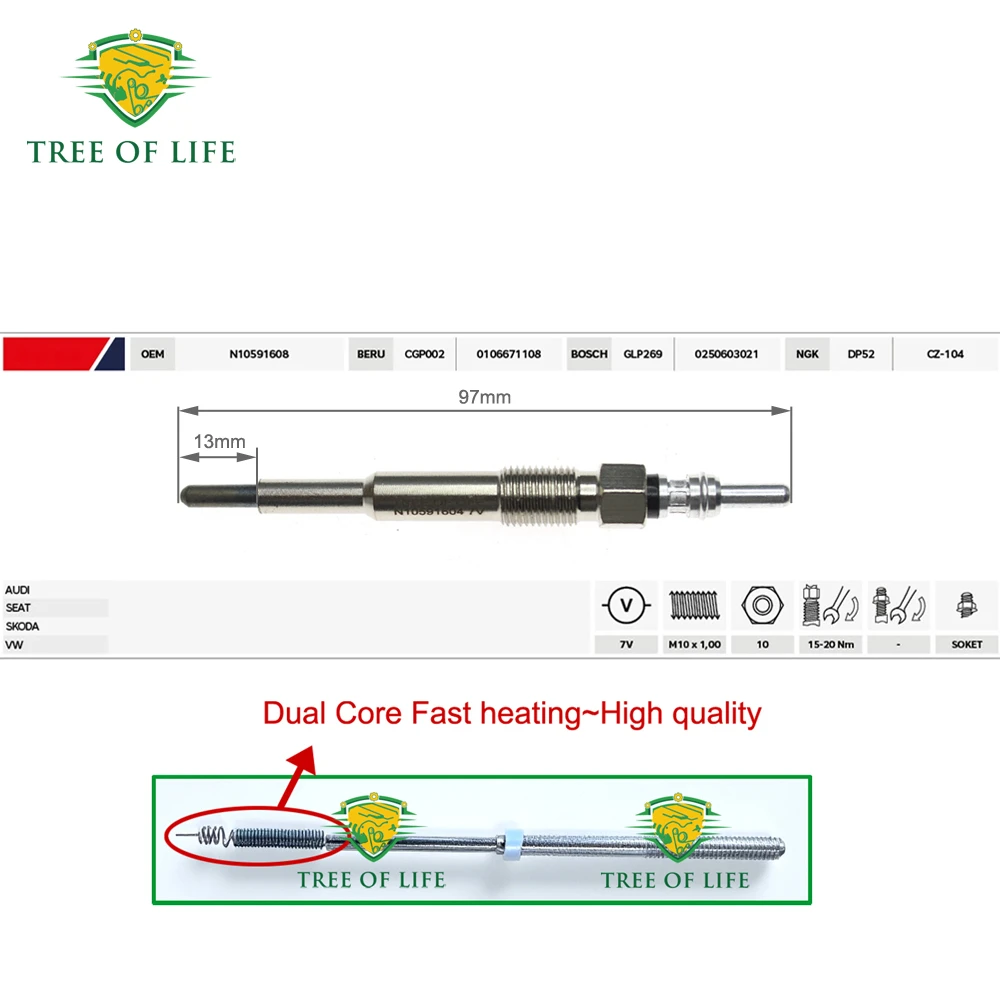 4x 7V Dual Core Heater Glow Plugs For VW PASSAT 3C SHARAN POLO JETTA III NEW BEETLE SEAT TOLEDO 1.9 2.0 TDI 2005-2009 N10591608