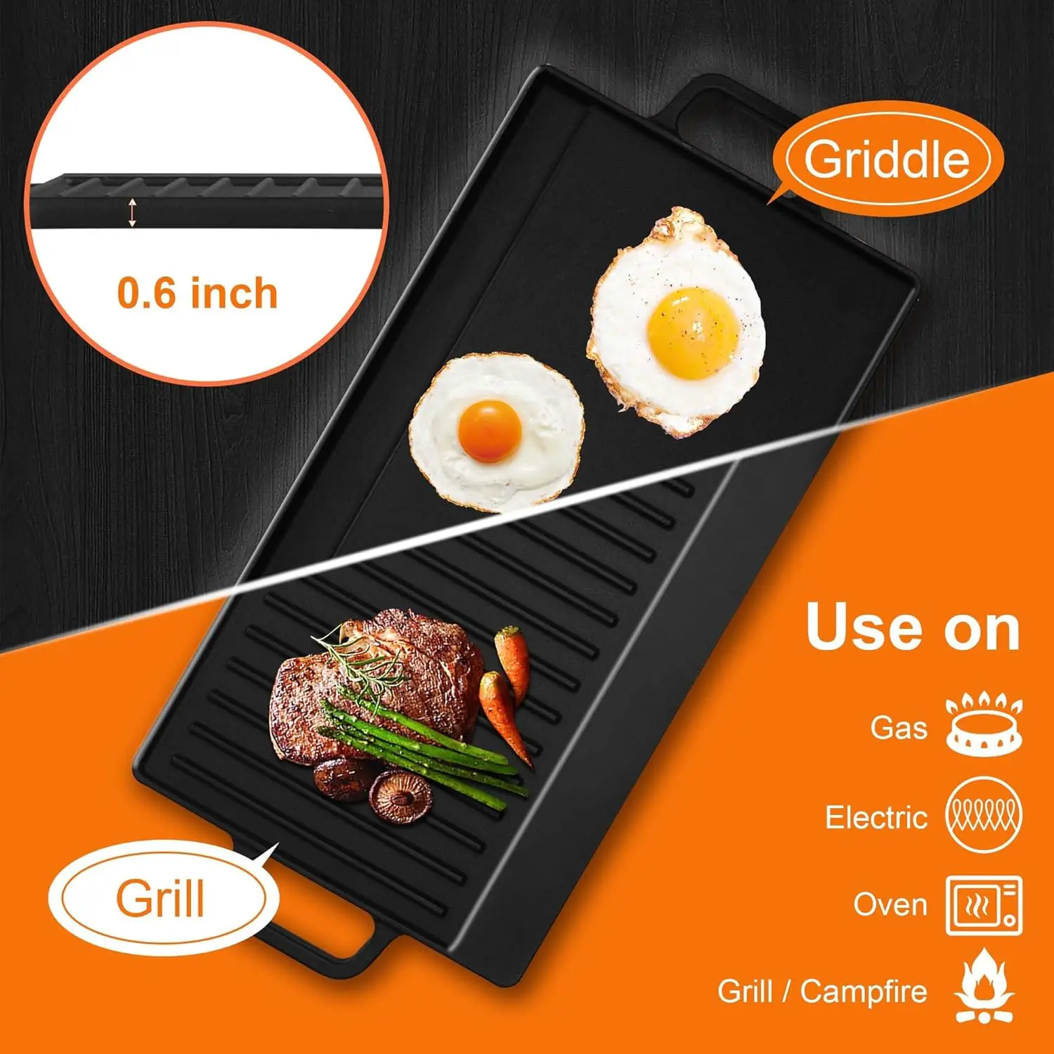 Bulit-In Gas Cooktop with Griddle, 5 Italy SABAF Powerful Burners Over 92% High Efficiency, Max 48300BTU Gas Stove Top, 304 Stai