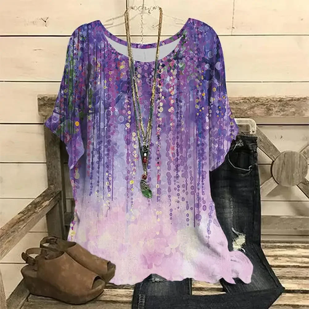 Fashion Oversized T-Shirt for Women 3D Floral Gradient Print T Shirt O-Neck Short Sleeve Tops Casual Ladies Pullover Loose Tees