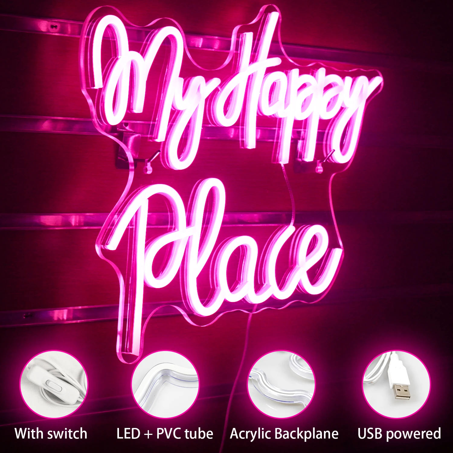 My Happy Place Neon Sign Words Neon Lights Wedding USB Powered Neon Signs for Wall Decor Birthday Party Girls Bedroom Decor