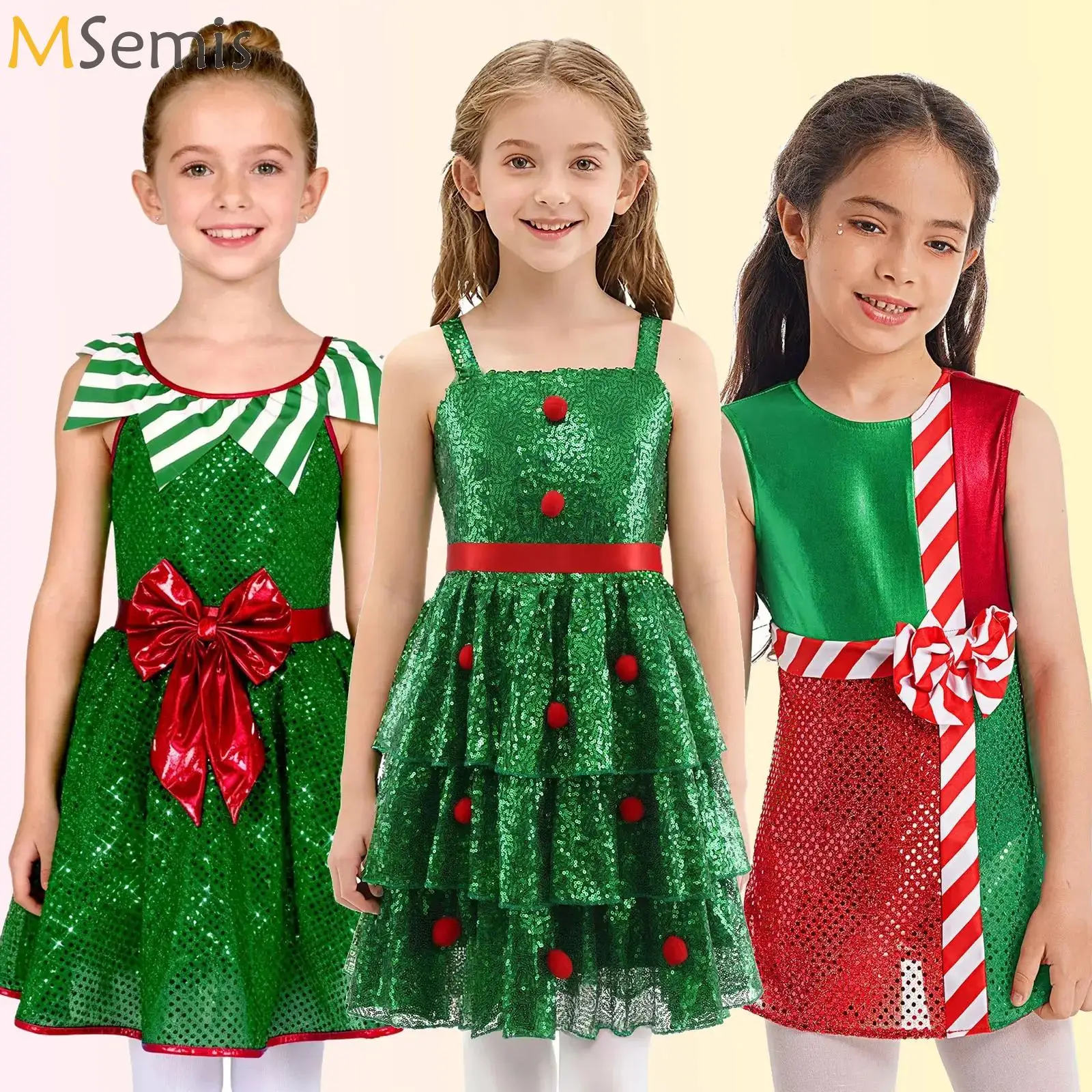 

Big Girls Elf Christmas Dress Sequin Candy Cane Stripes Santa Claus Cosplay Costume Tulle Mesh Tutu Ballet Leotard Dancewear