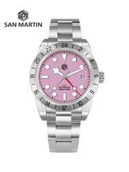 San Martin Pink Dial BB GMT NH34 39mm Classic Luxury Business Men Watch Automatic Mechanical Sapphire Waterproof Relojes SN0054