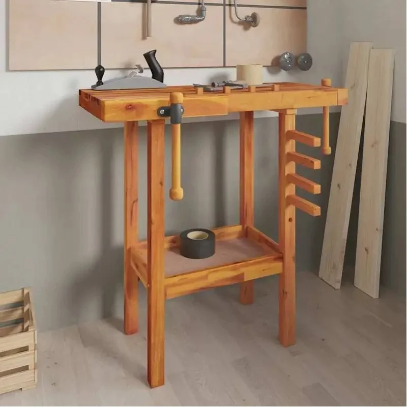 Massive Akazienholz-Werkbank mit Schraubstöcken 92x48x83 cm Robuster Garagentisch für Werkstatt und Holzbearbeitung