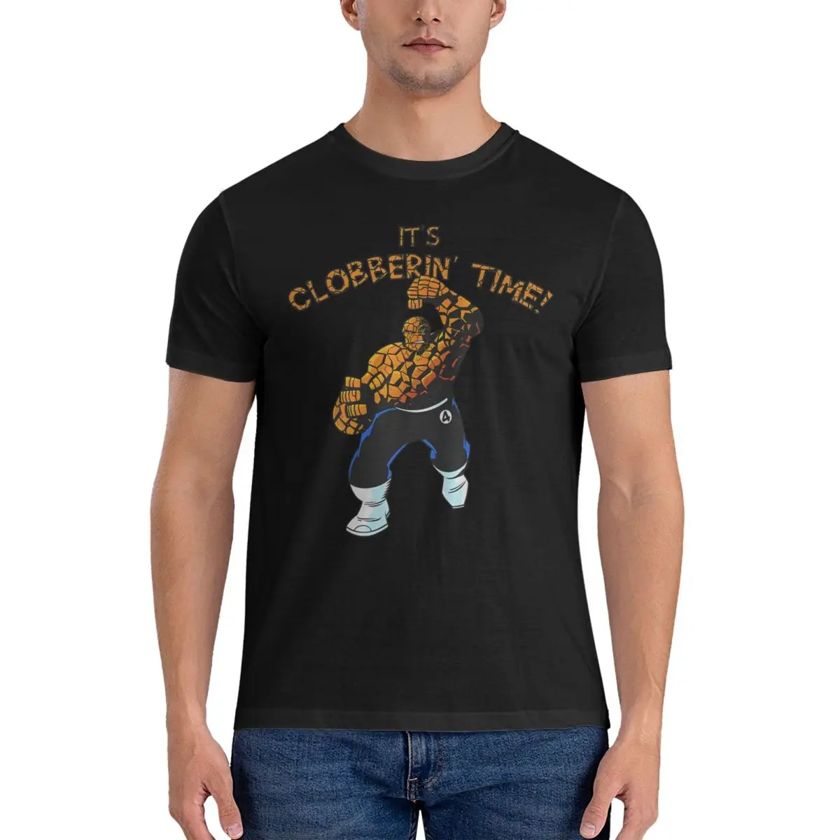 Men's The Thing Clobberin Time Action T Shirt Marvel Fantastic Four Pure Cotton Tops Vintage Short Sleeve Crew Neck Tees T-Shirt