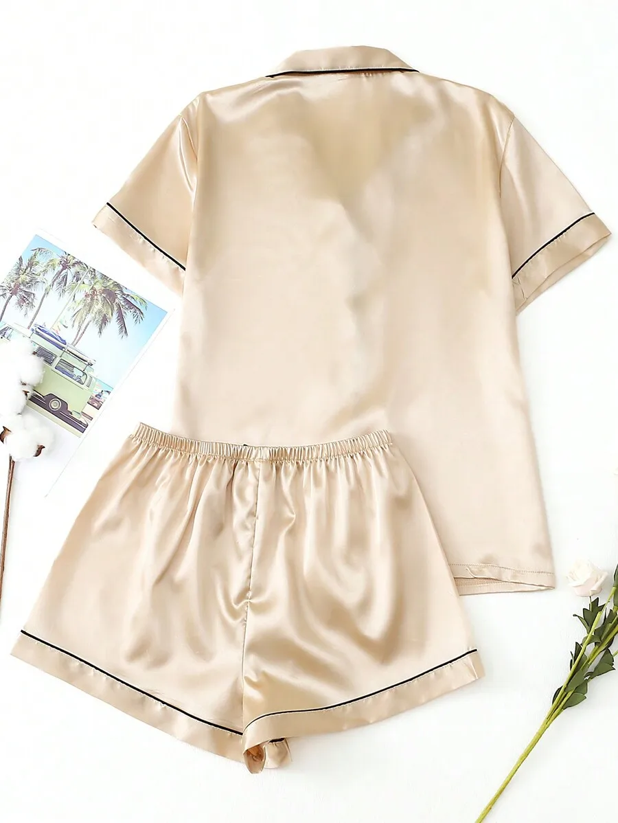 

Women Satin Pajama Set Short Sleeve Lapel Top Bowknot Shorts Sleepwear Loungewear