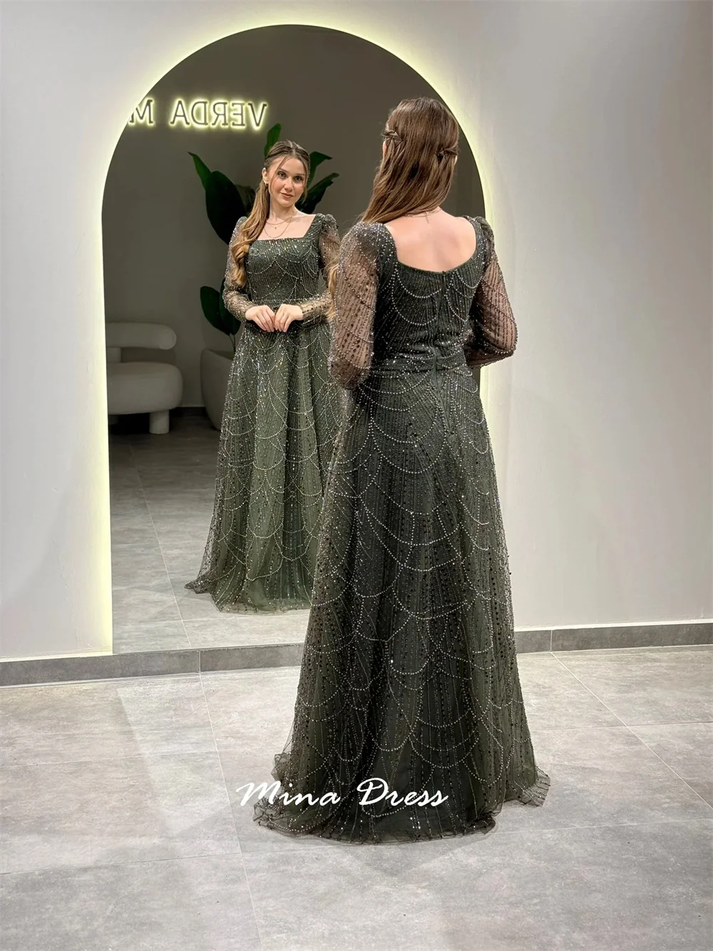 فساتين نسائية أنيقة من خرز مينا مخصص للمناسبات الخاصة بياقة مربعة ترتر فستان سهرة عربي فستان حفلات فاخر #3