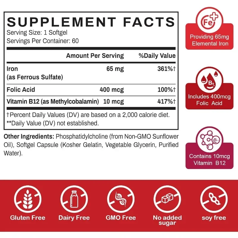 مكمل حديد نسائي، يحتوي على حمض الفوليك وفيتامين ب12، 60 كبسولة لدعم طاقة نقص الحديد للبالغين #2