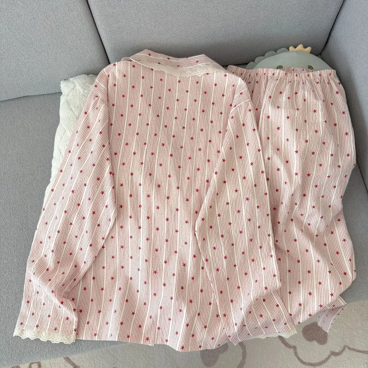 Women Pajamas Two Piece Set Long Sleeve Full Length Pants Sleepwear Loungewear Home Wear Cute Star Print Lace Trim Lapel Collar