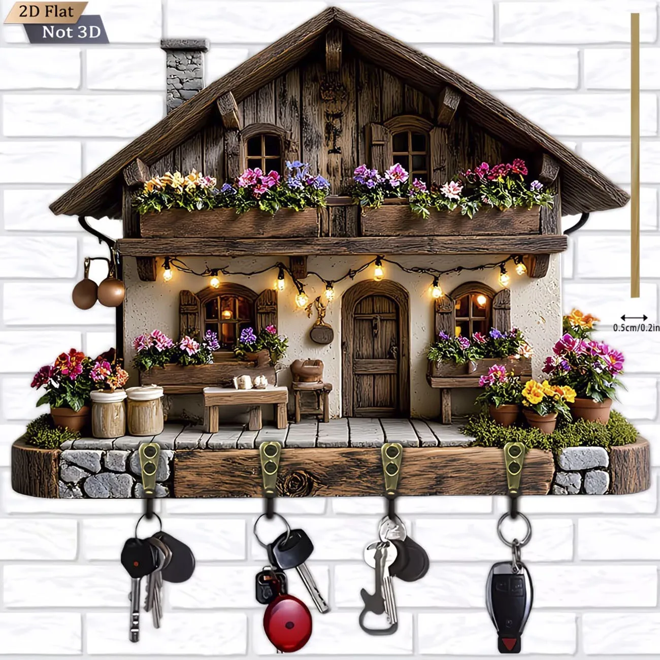 Image of Schlüsselaufhänger im Landhausstil, 2D Flachdruck Holzchalet mit Blumen- und Lichtdesign, Wandmontierter Schlüsselhalter