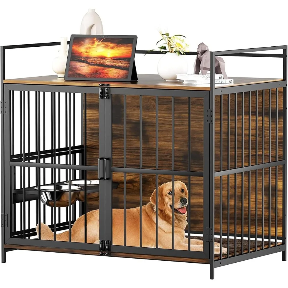 

ROOMTEC Furniture Style Large Dog Crate with 360° & Adjustable Raised Feeder for Dogs 2 Stainless Steel Bowls