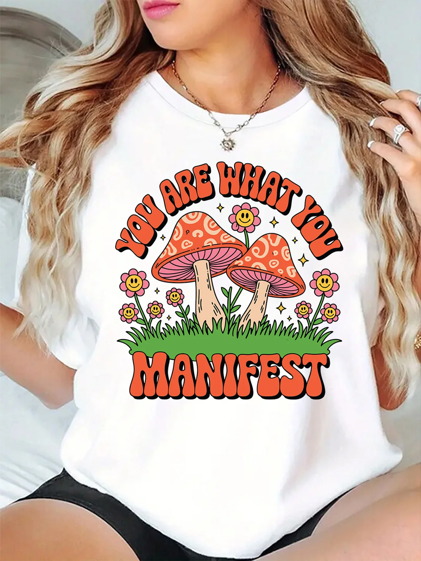 You Are What You Manifest Retro Mushroom Smiley Flower Graphic Womens T Shirt Short Sleeve Crew Neck Y2K Casual Ladies Tee Tops