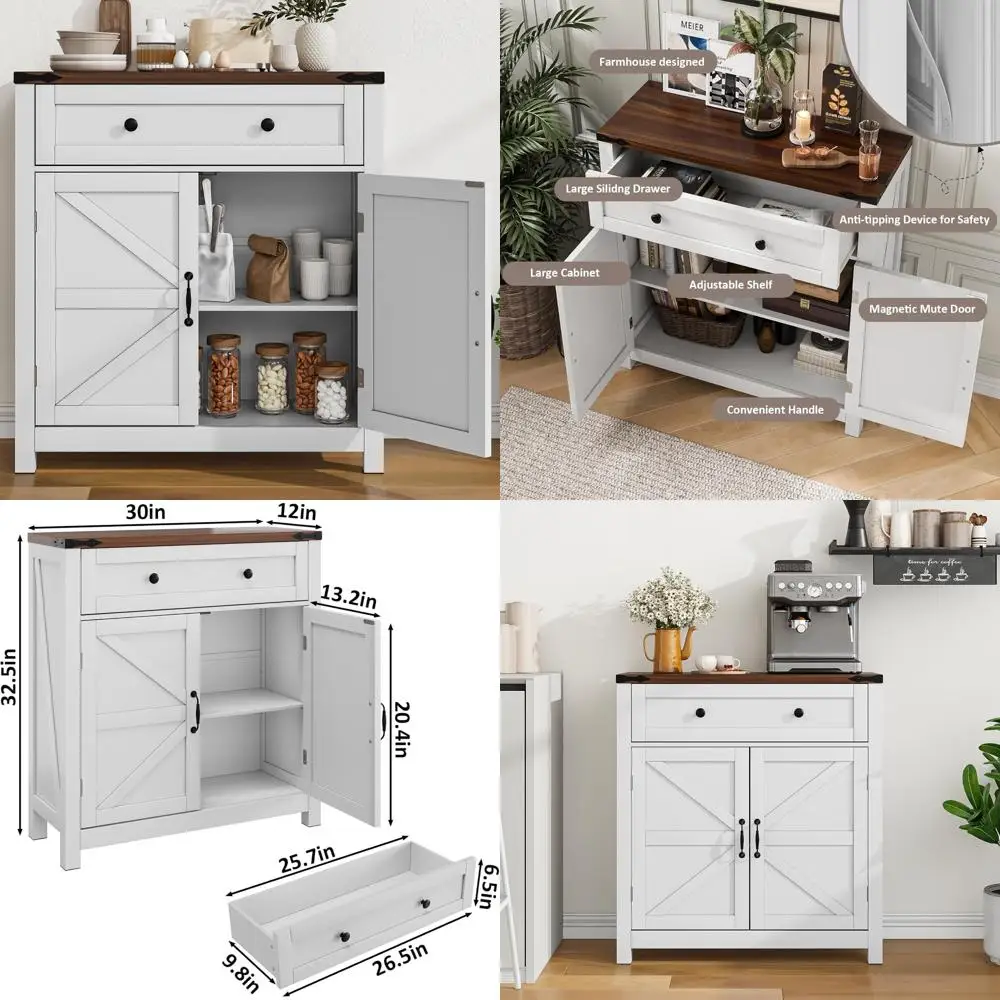 

White Farmhouse-Style Storage Cabinet with Walnut Countertop and Double Doors