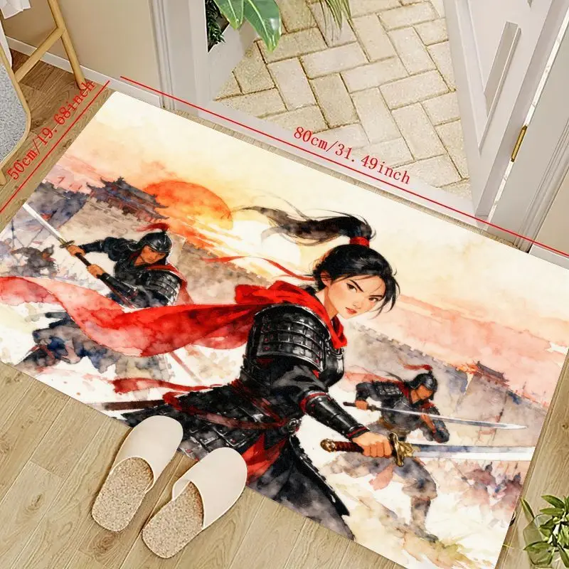 

1 шт., коврик в стиле Мулан, женский воин, фэнтезийный коврик, аниме, акварельная боевая сцена, напольный коврик для игровой комнаты, гостиной, спальни