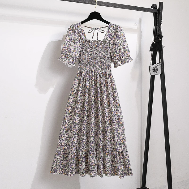 A Line Chiffon Short Sleeve Pleated Casual Outfit for Women - Small Purple Floral Print