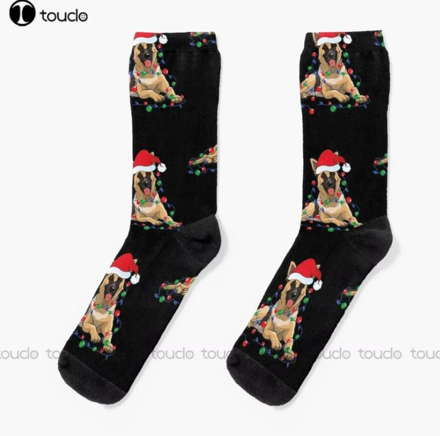 

Christmas Lights German Shepherd Dog With Santa Socks Red White And Blue Socks