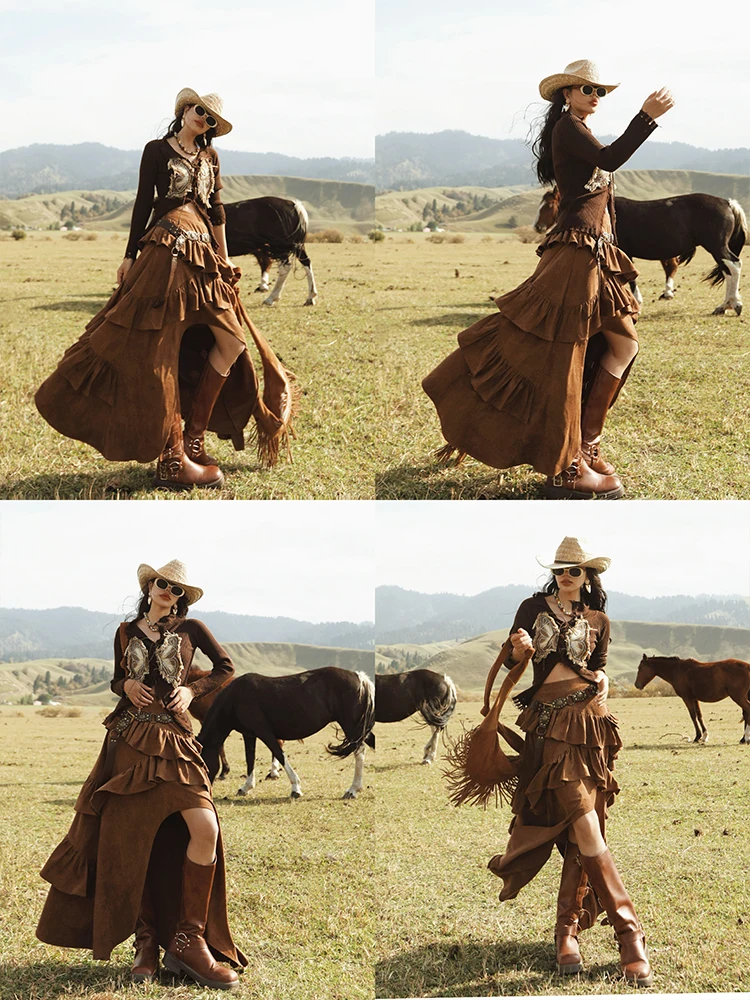 TIYIHAILEY-Long Maxi Suede Skirt for Women, Irregular Layer Ruffles, High Quality, Spring, Autumn, New Fashion, 2025