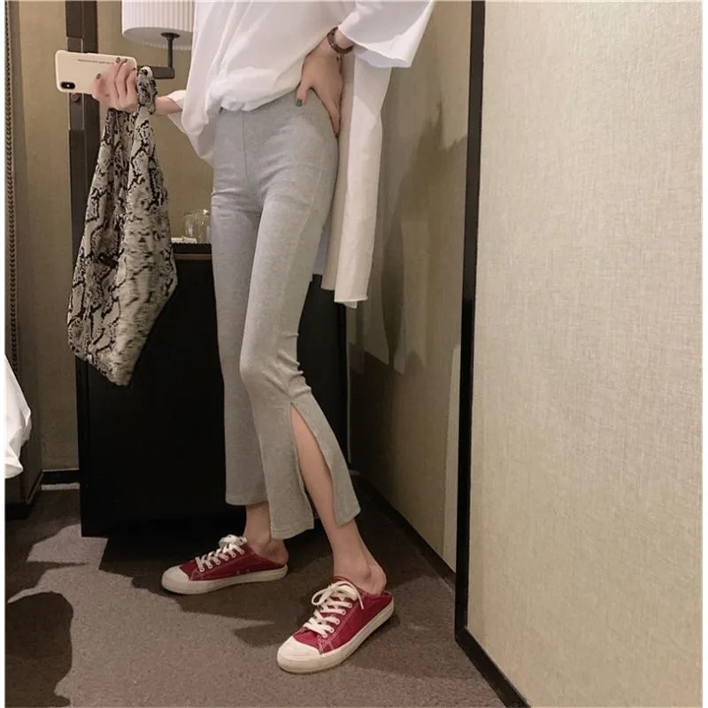 Summer Casual Fashion High Waisted Micro Horn Trousers Elastic Force Forking Cropped Pants Female Solid Color All-match Leggings