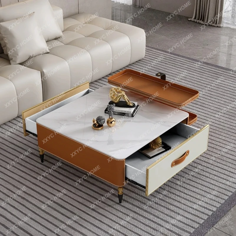 LSaddle leather square coffee table modern simple living room small apartment rock slab tea side table combination table