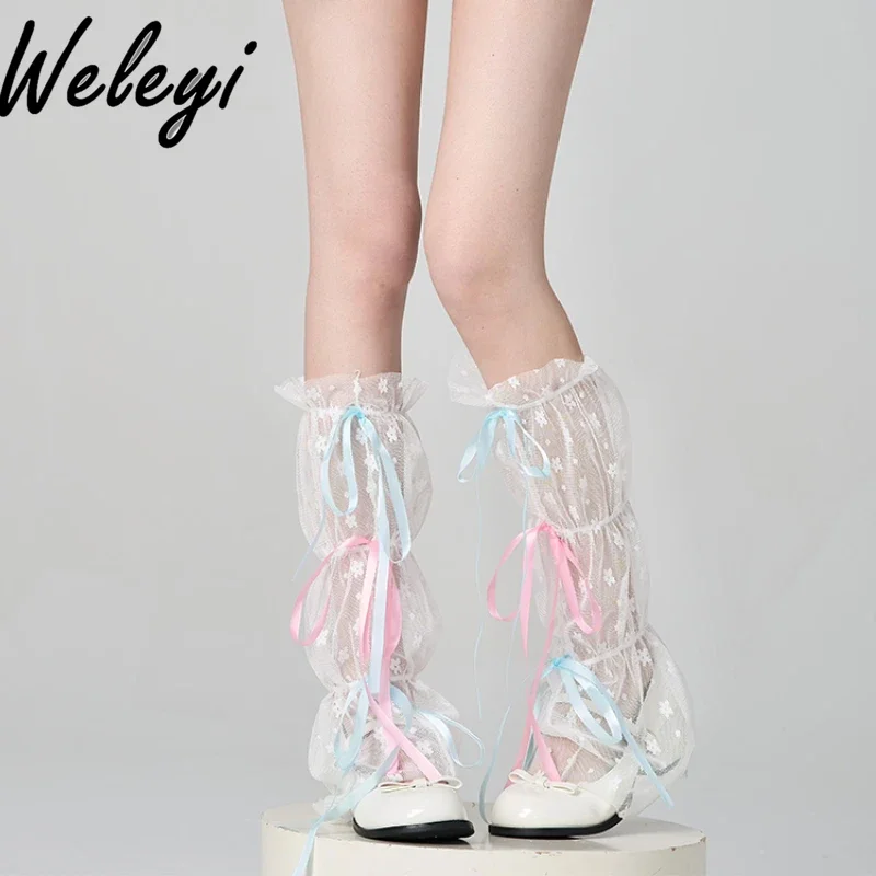 

Summer Lolita Lace Calf Socks for Women French Sweet Ribbon Splicing Bow Ballet Socks Cover Floral Thin Mesh Leg Cover Female