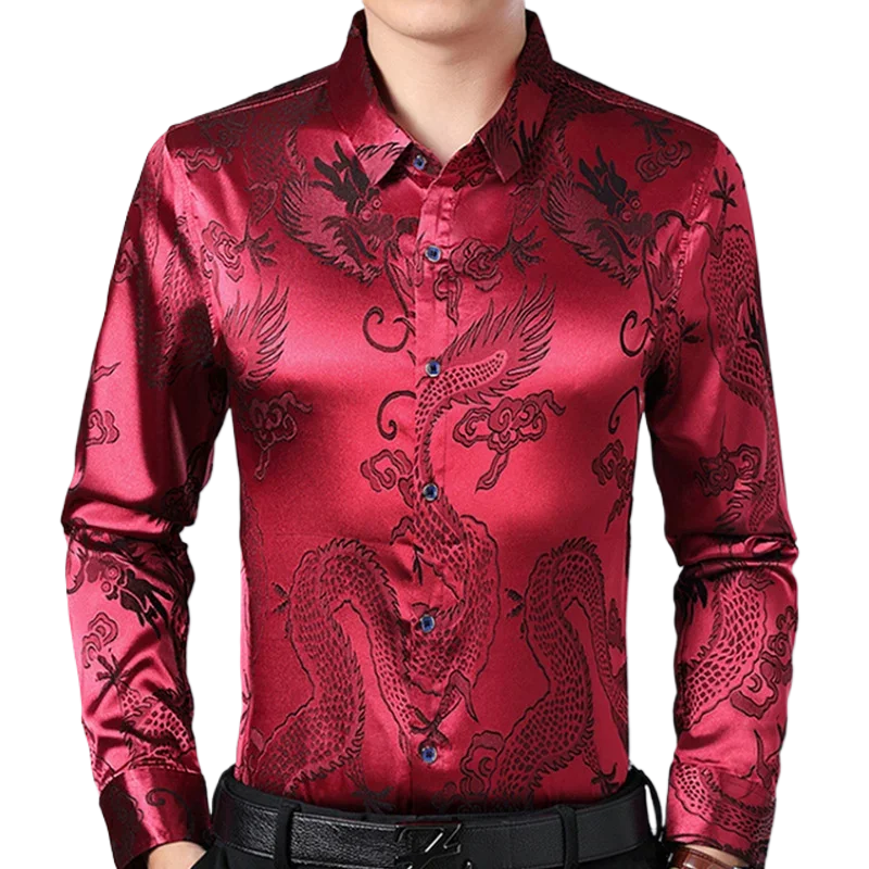 Autumn and winter middle-aged men's imitation silk shirt, Chinese style bright face dragon pattern shirt, personalized men's top