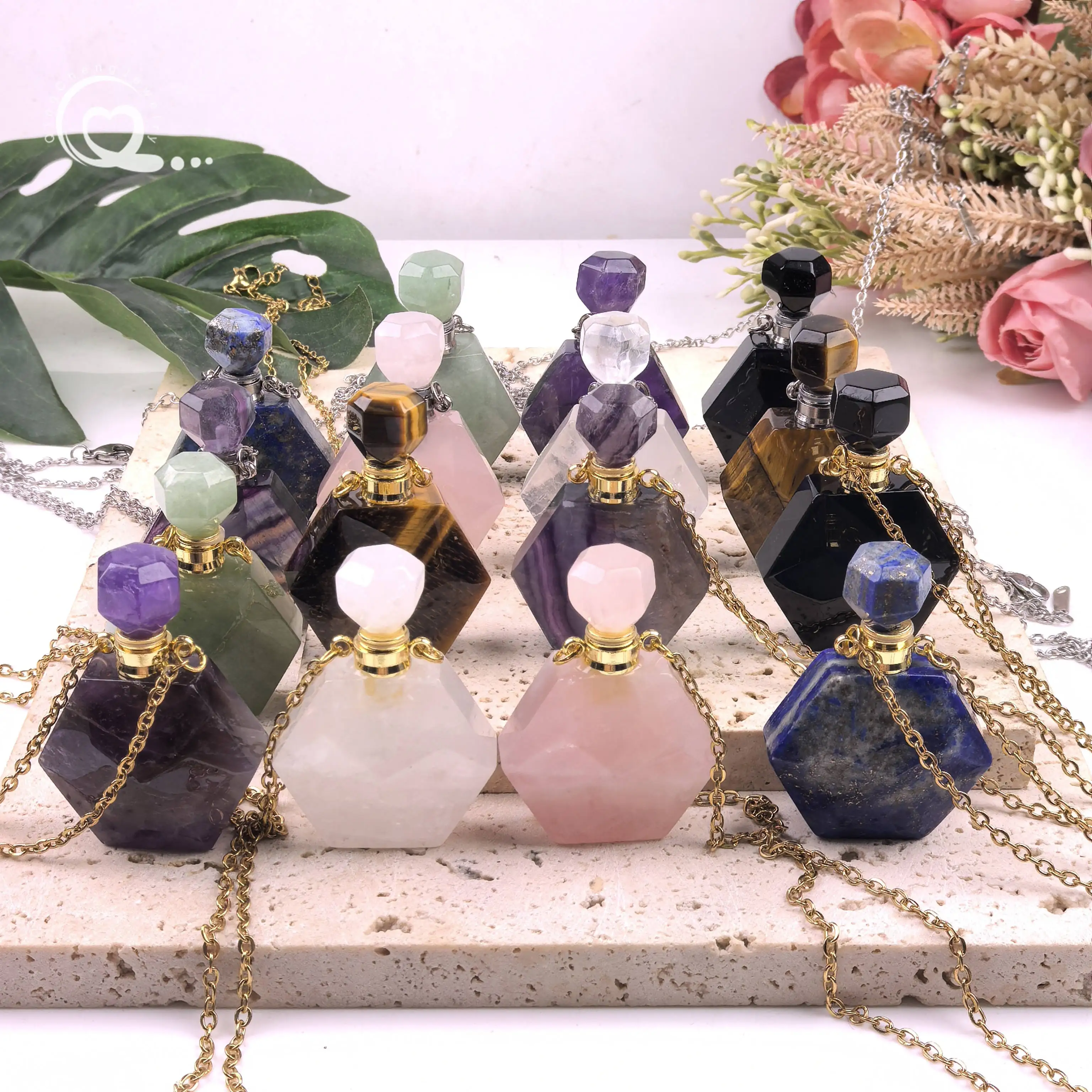 

Fluorite Lapis Obsidian Perfume Bottle Necklace Faceted Quartz Crystal Essential Oil Diffuser Vial Pendant Chains Jewelry QC1168