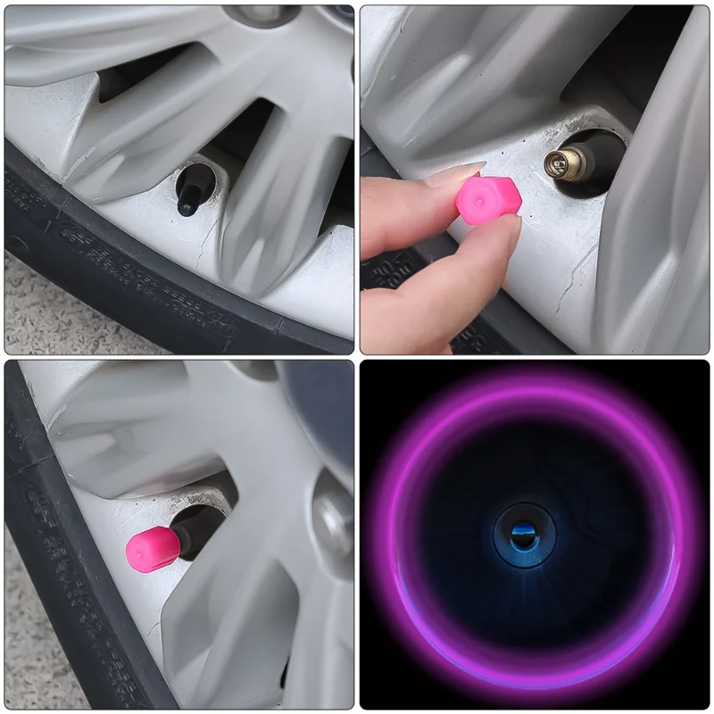 Tampas de válvula luminosa roxa para o carro da motocicleta bicicleta caminhões roda estilo do pneu hub noite incandescente tampa fluorescente rosa vermelho decoração