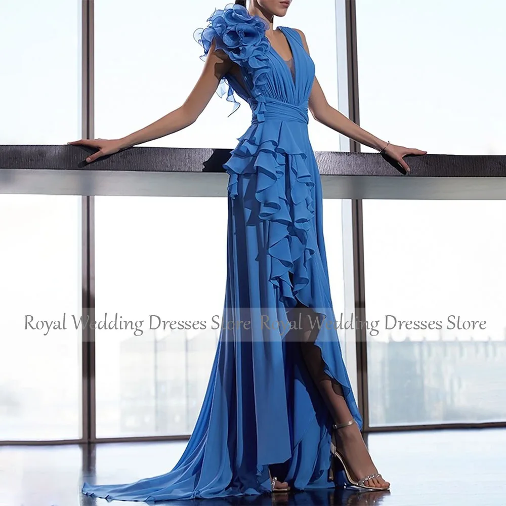 Elegant Women's Evening Dress Royal Blue Chiffon A Line Formal Party Gowns Long Ruffle Side Slit V Neck Wedding Guest Dresses