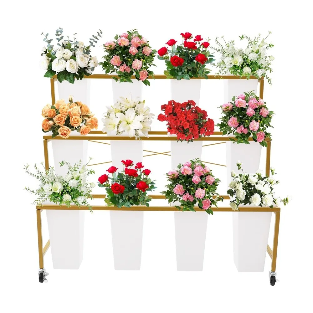 Flower Display Stand With 12PCS Buckets 3 Layers Plant Cart with Wheels Heavy Duty Moving Flower Rack for Indoor