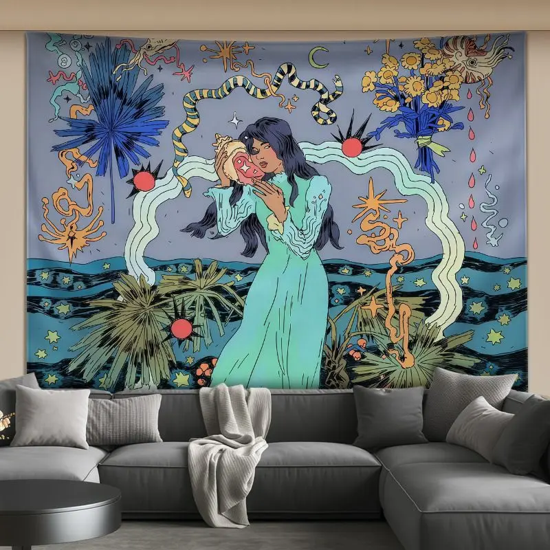 VIKAMA Retro Flower Girl and Lion Art Tapestry, High Definition Wear-Resistant Fabric Wall Hanging for Vintage Living Room