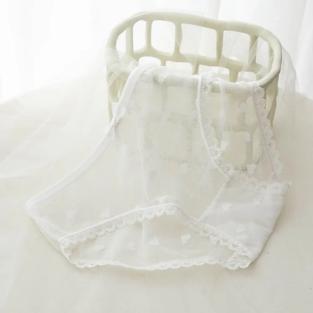 

Korean Sweet Girl Peach Hip Mesh Mid Waist Heart Bow Panties Lace Printed Briefs Women Intimates