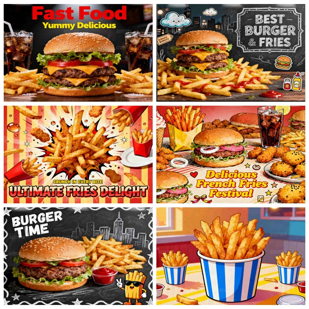 

Fast Food Photography Backdrop Fries Festival Hamburger Coke Theme for Party Decor Photo Booth Background Wall TASTY BITES Props