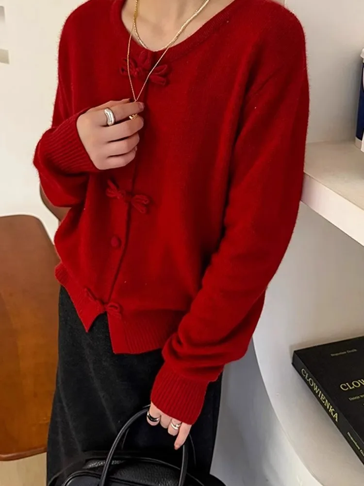 

Ele Pure Color круглый вязаный кардиган Ne Long Sve Повседневный топ с узлом Faionable Agel Lazy Sle Leisure