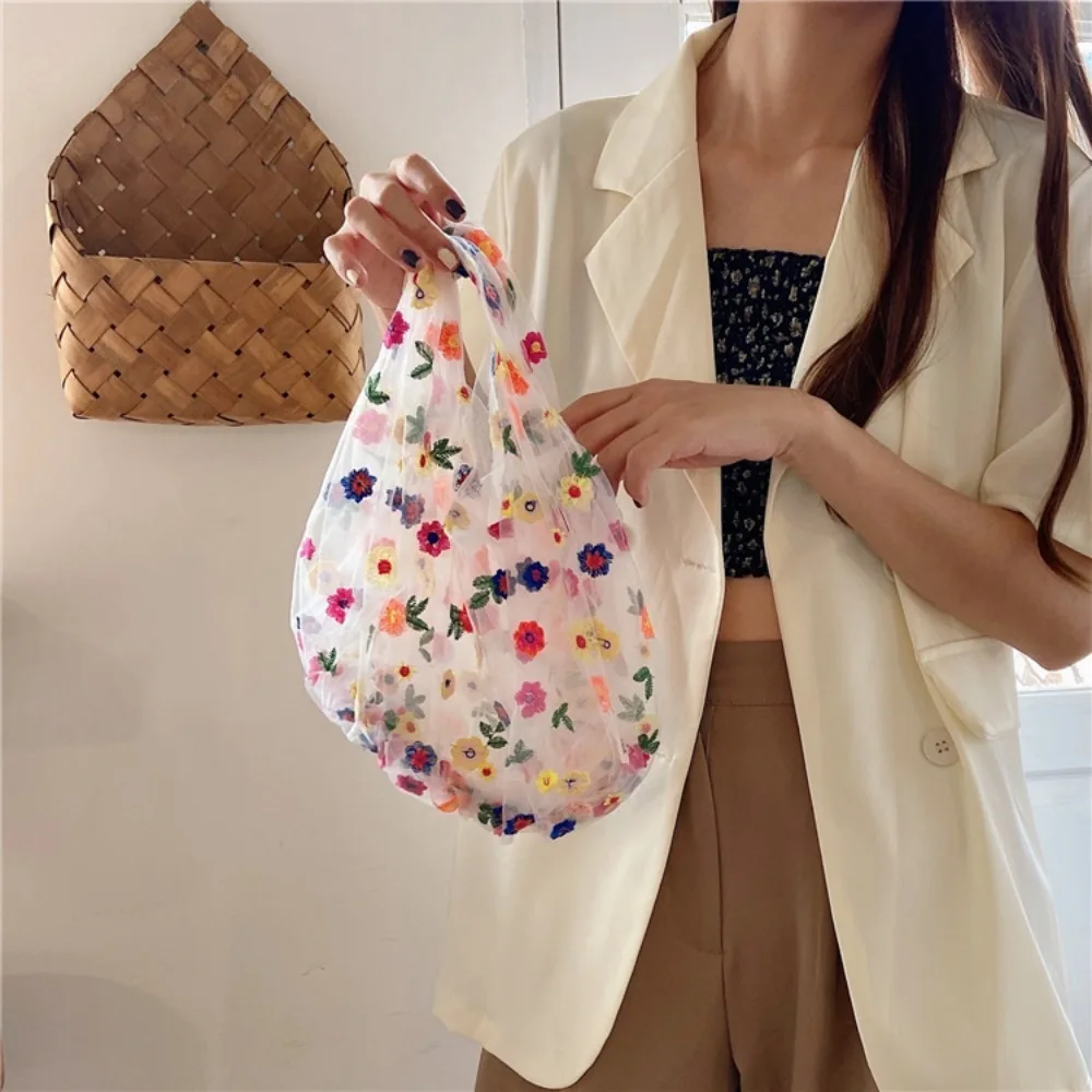 Silk Embroidery Mesh Handbag Polyester Transparent Flowers Embroidery Handbag Versatile Quick Drying Organza Yarn Bag Spring